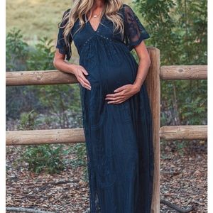 PinkBlush Navy Blue Lace Mesh Overlay Maternity Maxi Dress